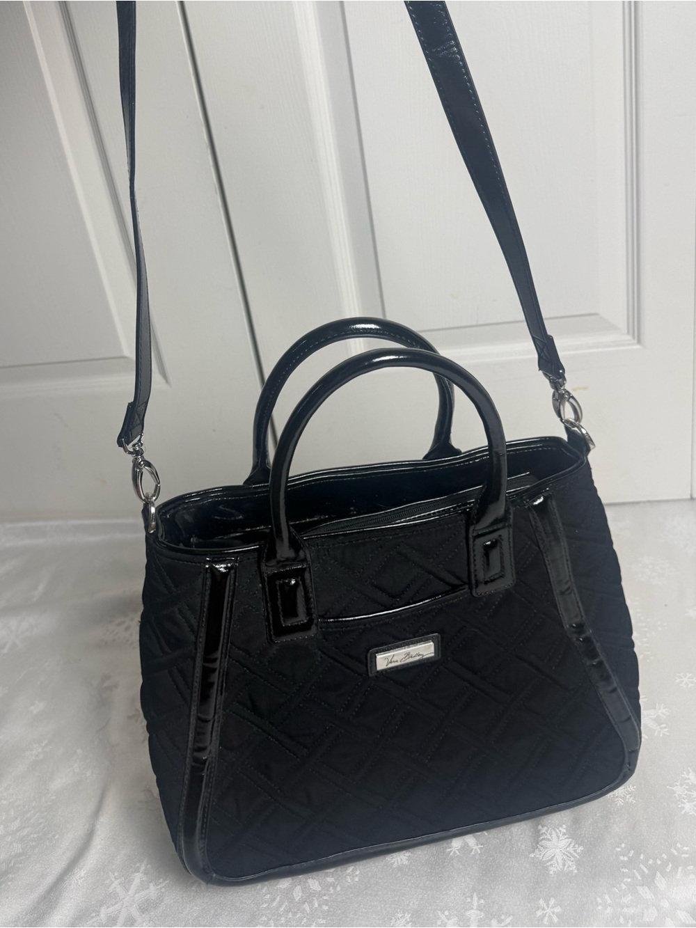 Vera Bradley Black Quilted Trapeze Satchel Patent Trim Crossbody Shoulder Bag